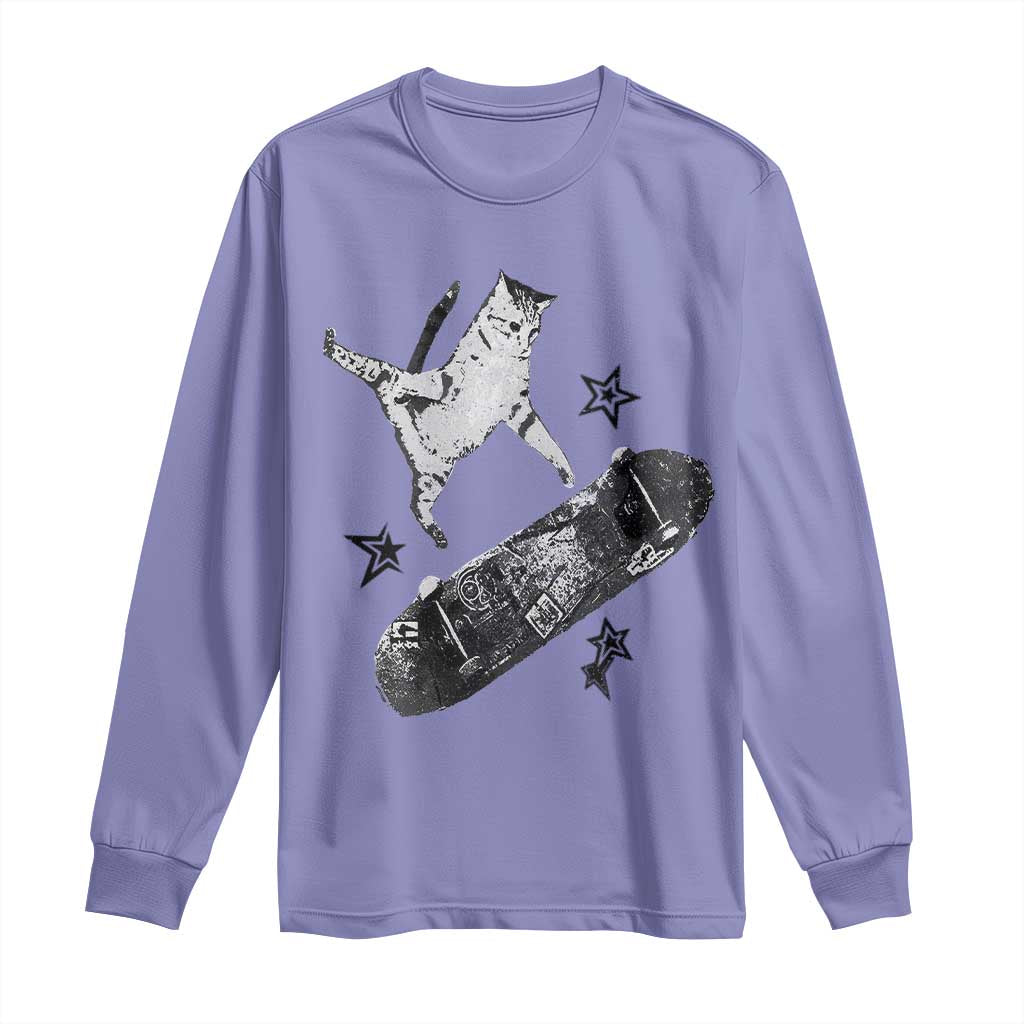 Skateboard Cat Y2K Long Sleeve Shirt Rockstar Gf Aesthetic Cat Retro Grunge Skater - Wonder Print Shop