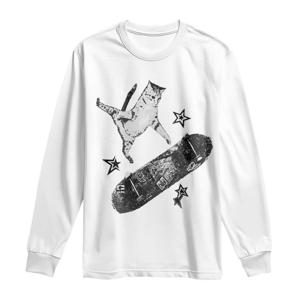 Skateboard Cat Y2K Long Sleeve Shirt Rockstar Gf Aesthetic Cat Retro Grunge Skater - Wonder Print Shop