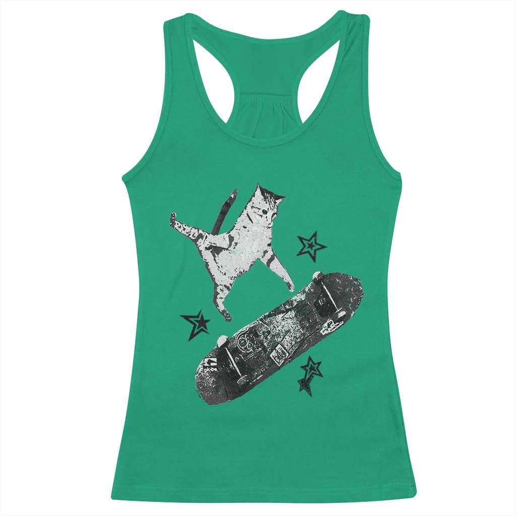 Skateboard Cat Y2K Racerback Tank Top Rockstar Gf Aesthetic Cat Retro Grunge Skater - Wonder Print Shop
