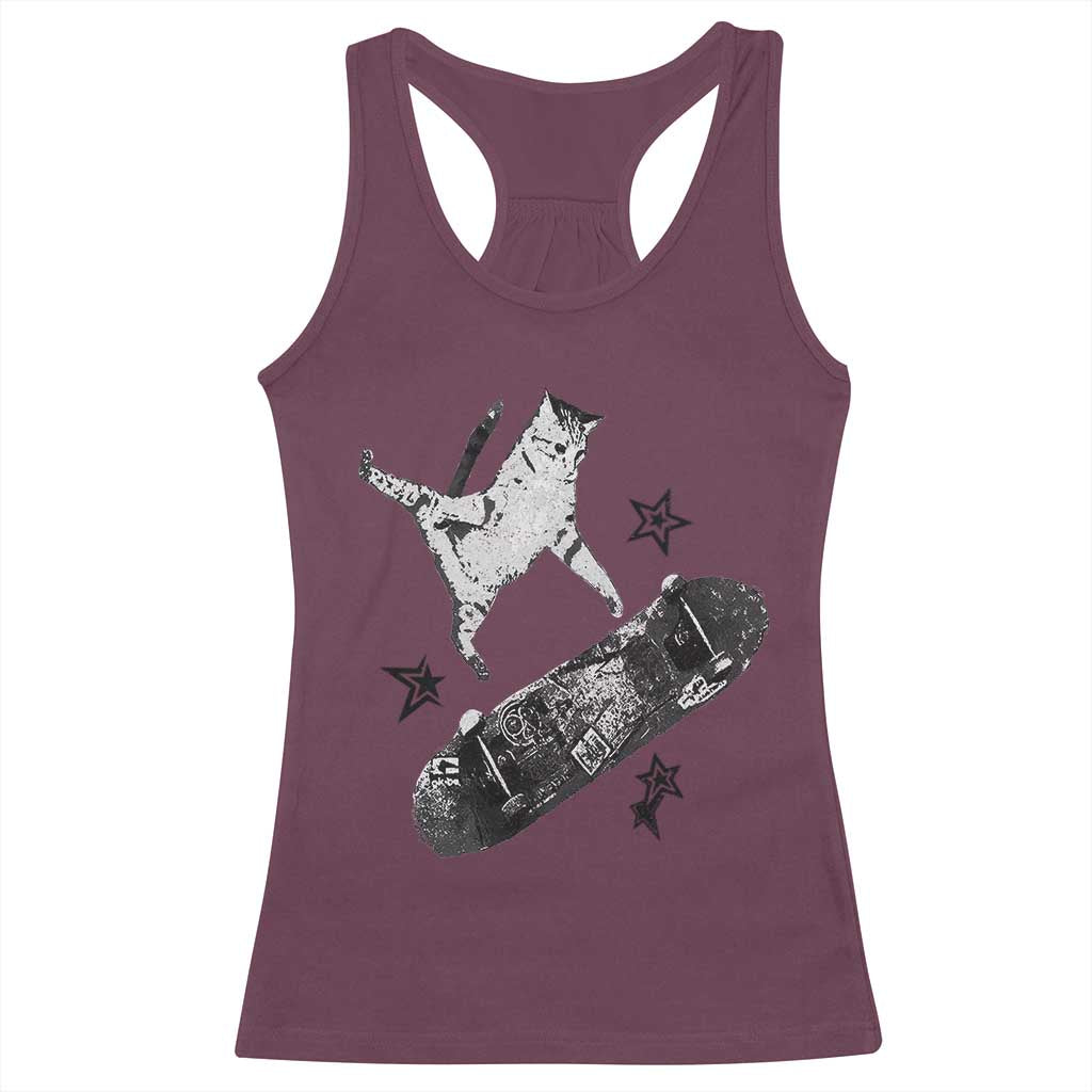 Skateboard Cat Y2K Racerback Tank Top Rockstar Gf Aesthetic Cat Retro Grunge Skater - Wonder Print Shop