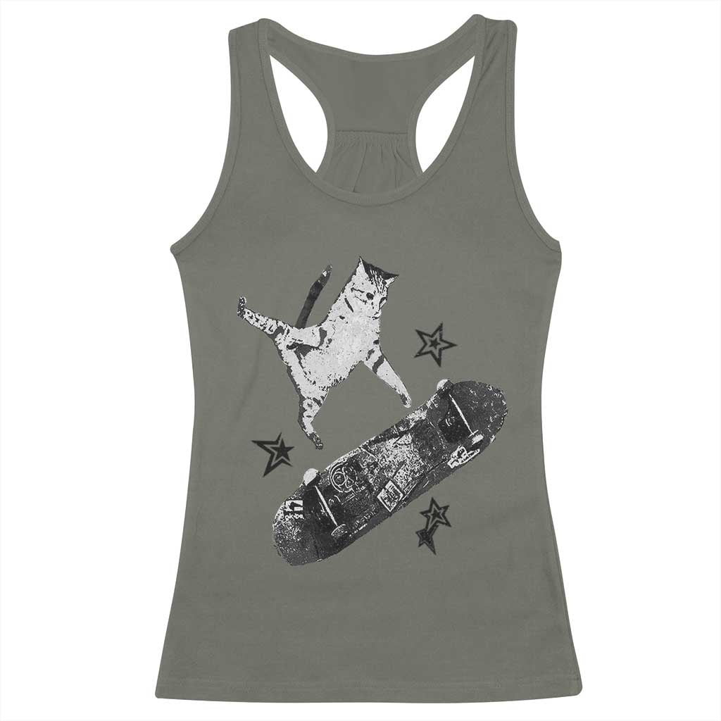 Skateboard Cat Y2K Racerback Tank Top Rockstar Gf Aesthetic Cat Retro Grunge Skater - Wonder Print Shop