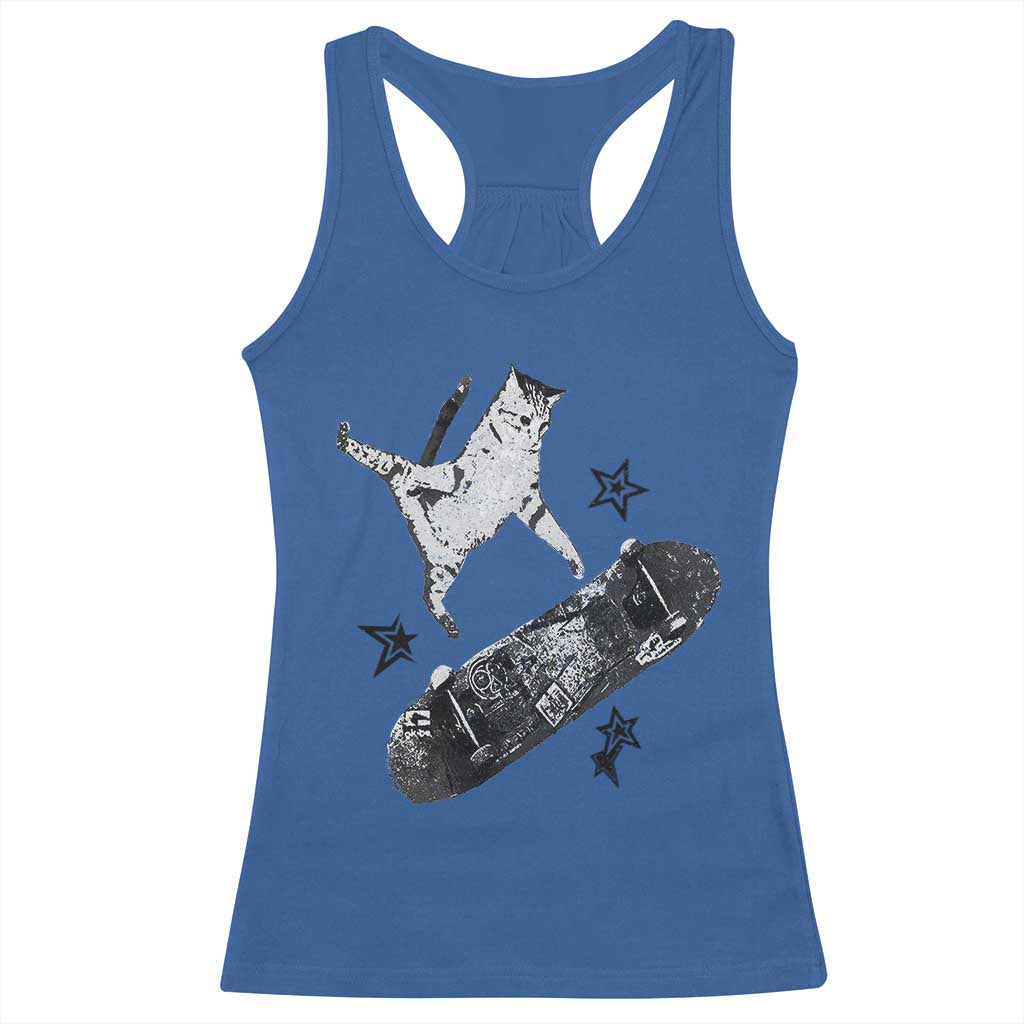 Skateboard Cat Y2K Racerback Tank Top Rockstar Gf Aesthetic Cat Retro Grunge Skater - Wonder Print Shop