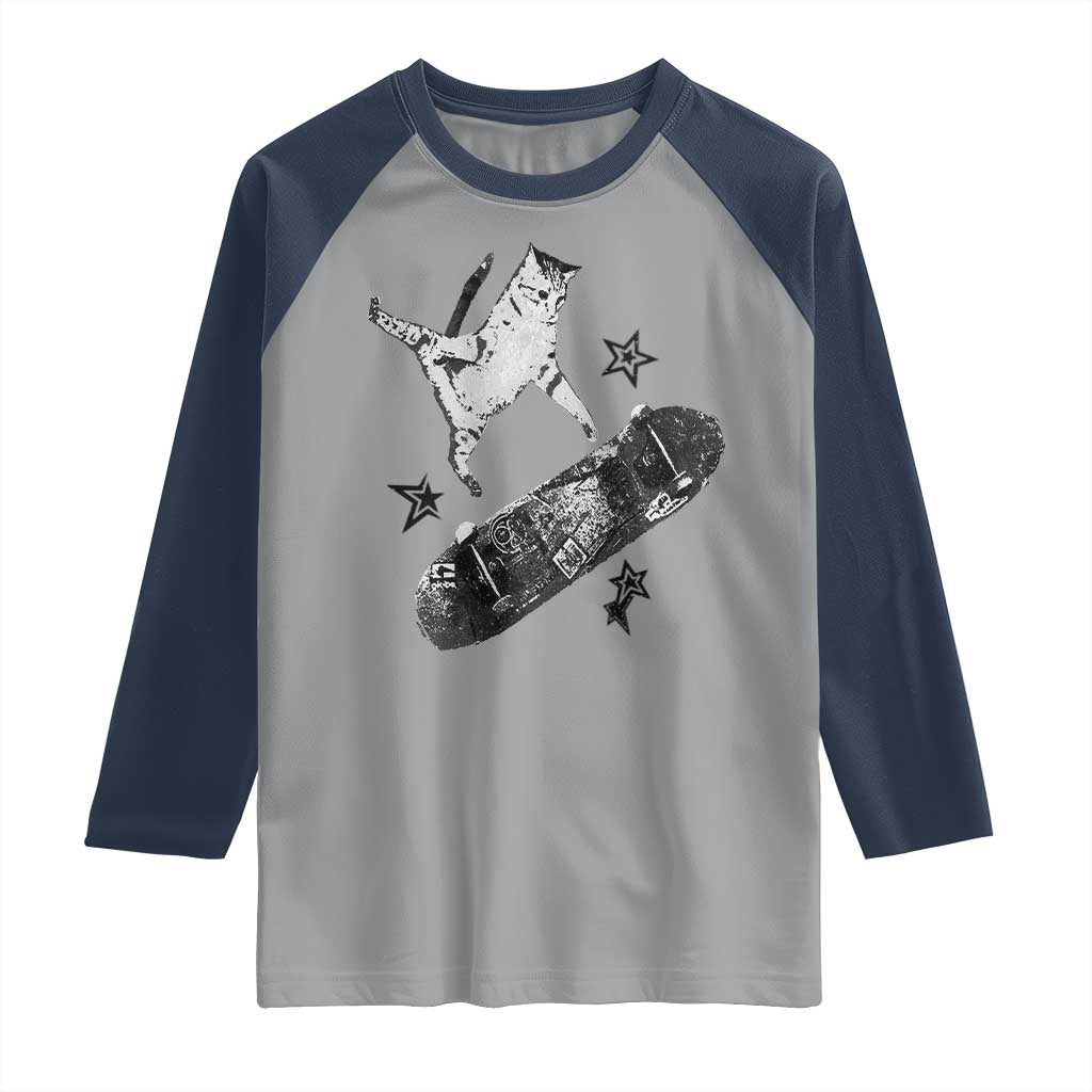 Skateboard Cat Y2K Raglan Shirt Rockstar Gf Aesthetic Cat Retro Grunge Skater - Wonder Print Shop