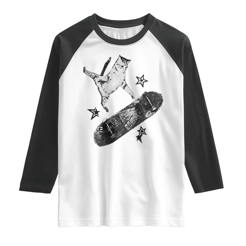 Skateboard Cat Y2K Raglan Shirt Rockstar Gf Aesthetic Cat Retro Grunge Skater - Wonder Print Shop