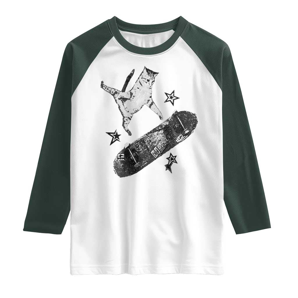 Skateboard Cat Y2K Raglan Shirt Rockstar Gf Aesthetic Cat Retro Grunge Skater - Wonder Print Shop