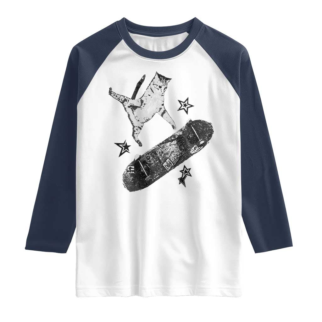 Skateboard Cat Y2K Raglan Shirt Rockstar Gf Aesthetic Cat Retro Grunge Skater - Wonder Print Shop