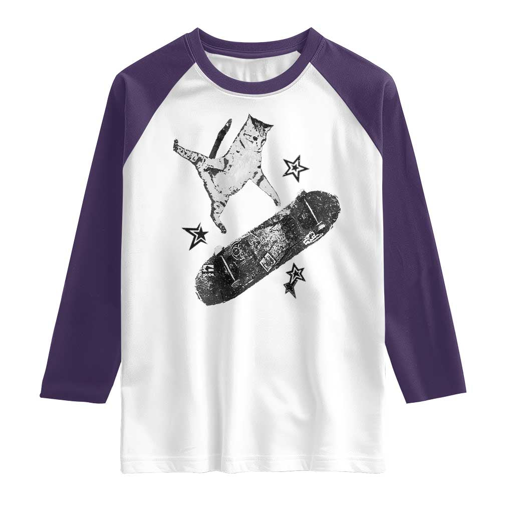 Skateboard Cat Y2K Raglan Shirt Rockstar Gf Aesthetic Cat Retro Grunge Skater - Wonder Print Shop