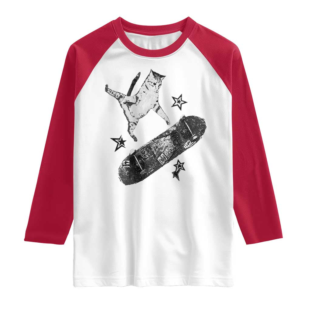 Skateboard Cat Y2K Raglan Shirt Rockstar Gf Aesthetic Cat Retro Grunge Skater - Wonder Print Shop