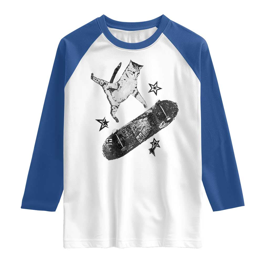 Skateboard Cat Y2K Raglan Shirt Rockstar Gf Aesthetic Cat Retro Grunge Skater - Wonder Print Shop