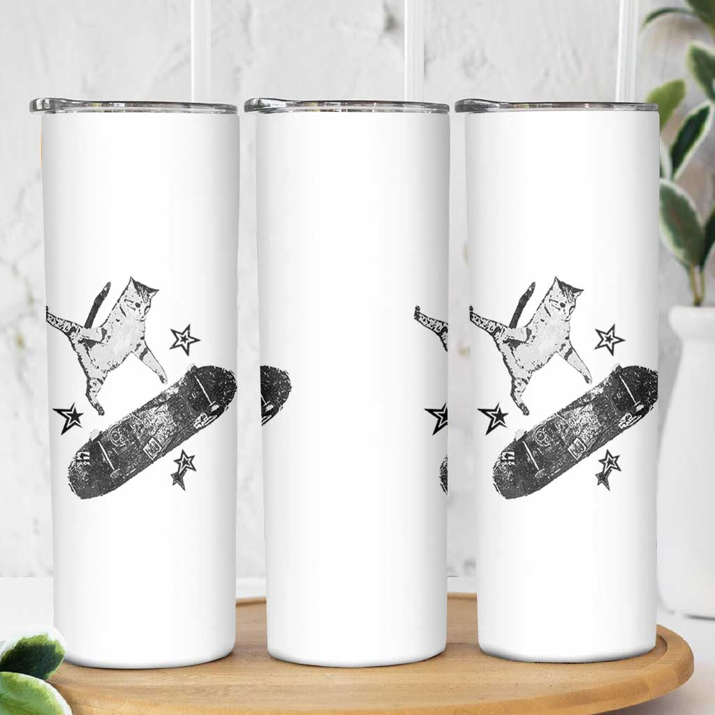 Skateboard Cat Y2K Skinny Tumbler Rockstar Gf Aesthetic Cat Retro Grunge Skater - Wonder Print Shop