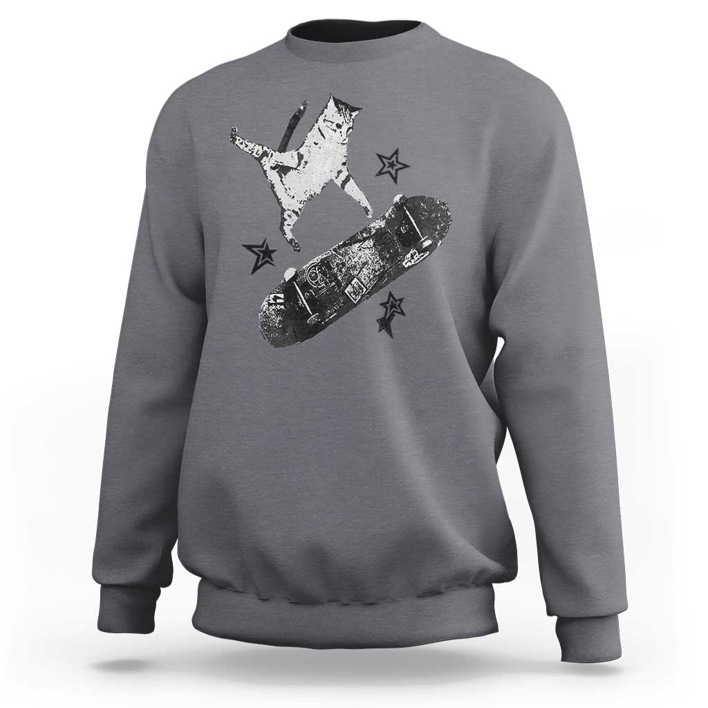 Skateboard Cat Y2K Sweatshirt Rockstar Gf Aesthetic Cat Retro Grunge Skater - Wonder Print Shop