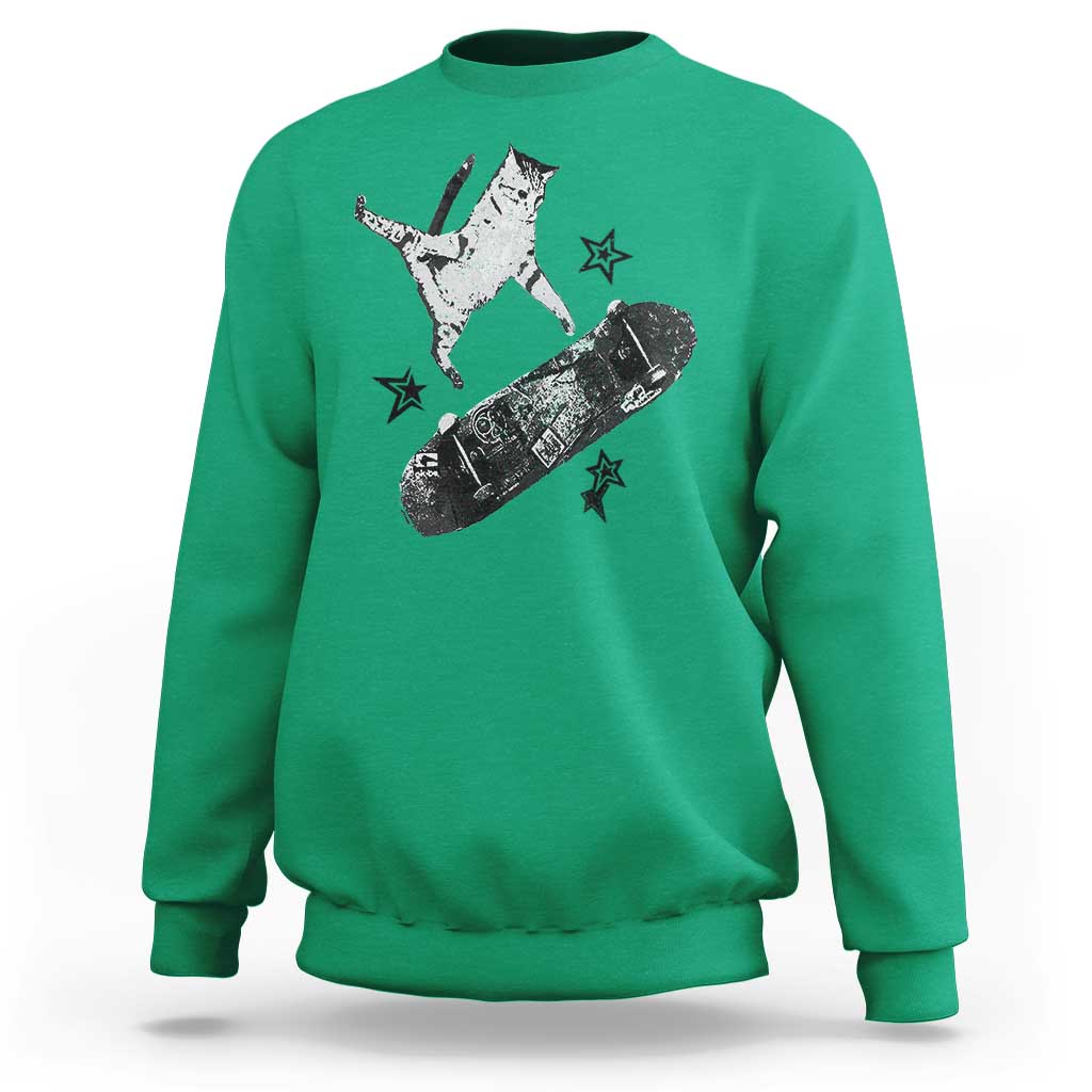 Skateboard Cat Y2K Sweatshirt Rockstar Gf Aesthetic Cat Retro Grunge Skater - Wonder Print Shop