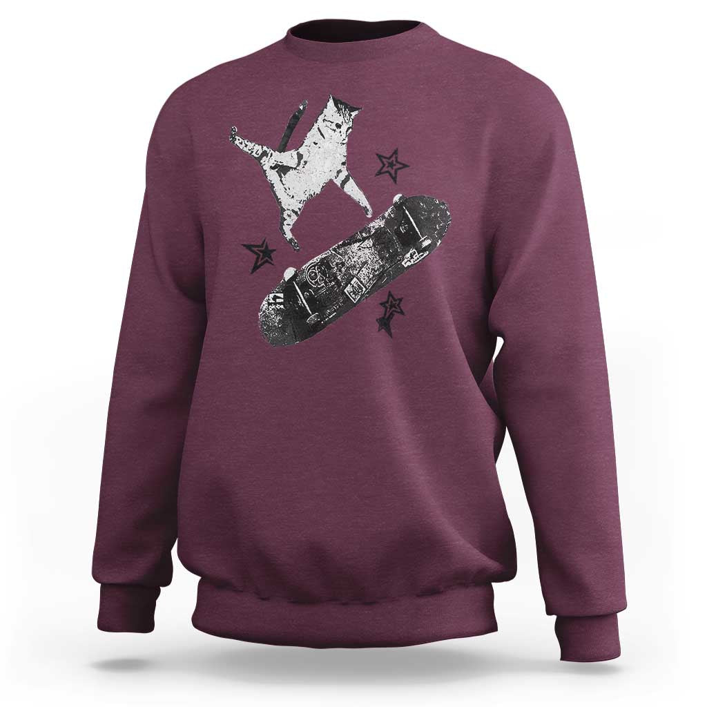 Skateboard Cat Y2K Sweatshirt Rockstar Gf Aesthetic Cat Retro Grunge Skater - Wonder Print Shop