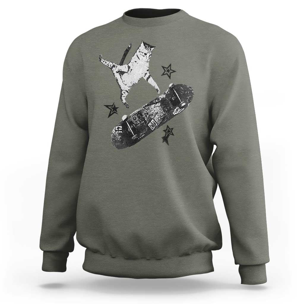 Skateboard Cat Y2K Sweatshirt Rockstar Gf Aesthetic Cat Retro Grunge Skater - Wonder Print Shop