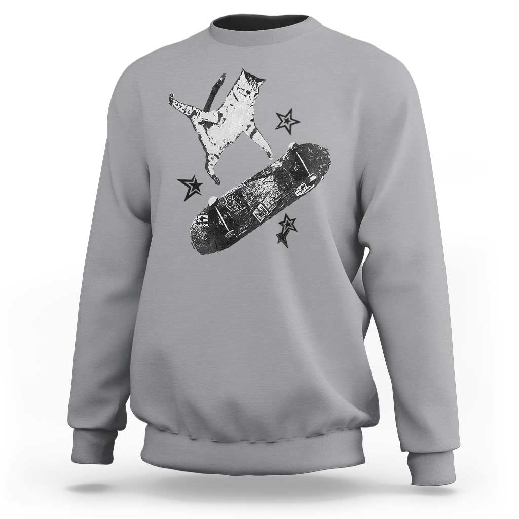 Skateboard Cat Y2K Sweatshirt Rockstar Gf Aesthetic Cat Retro Grunge Skater - Wonder Print Shop