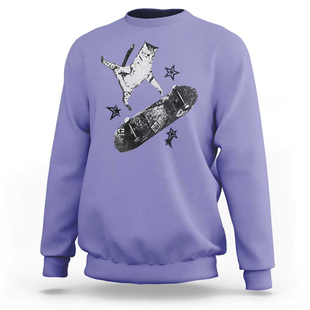 Skateboard Cat Y2K Sweatshirt Rockstar Gf Aesthetic Cat Retro Grunge Skater - Wonder Print Shop