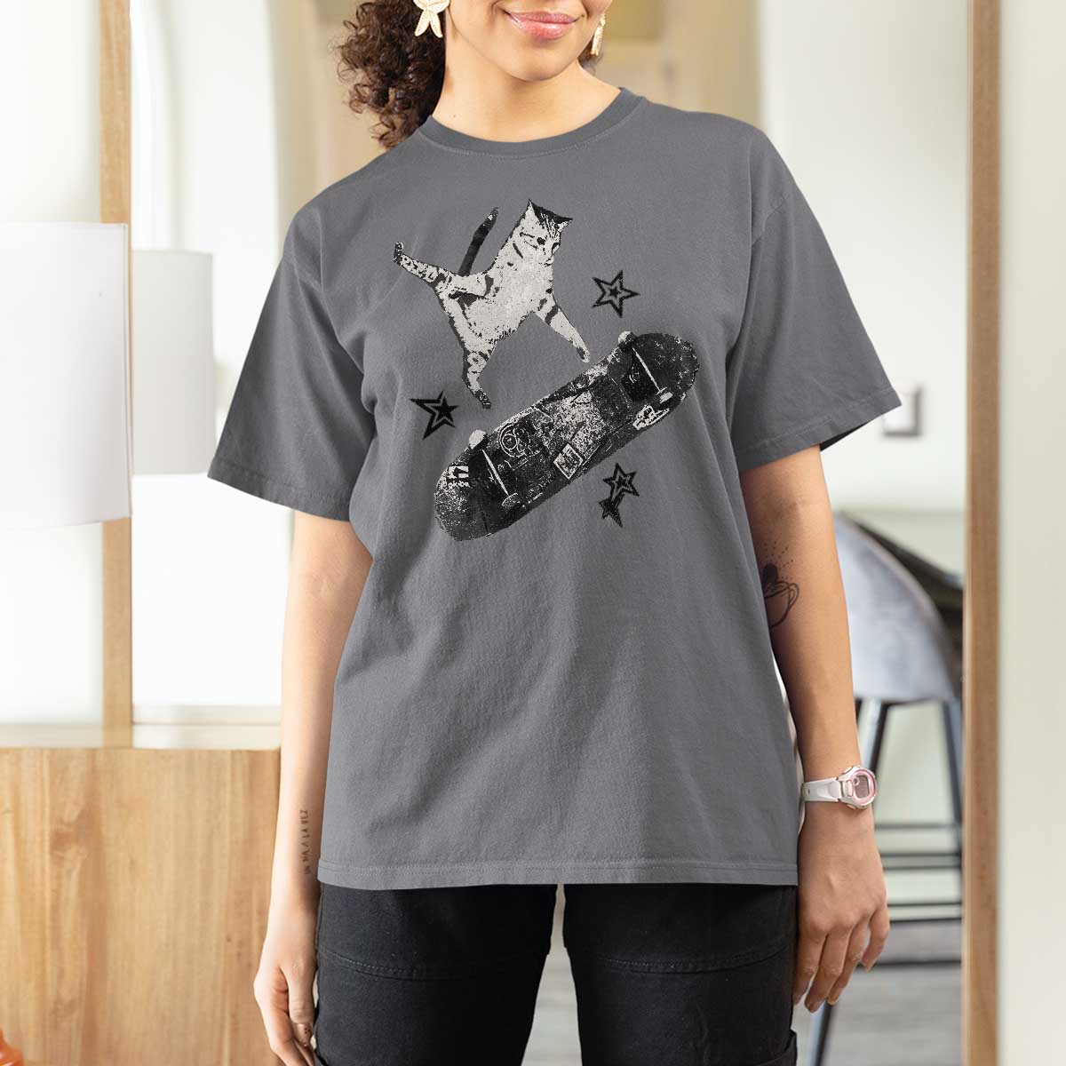 Skateboard Cat Y2K T Shirt For Women Rockstar Gf Aesthetic Cat Retro Grunge Skater - Wonder Print Shop