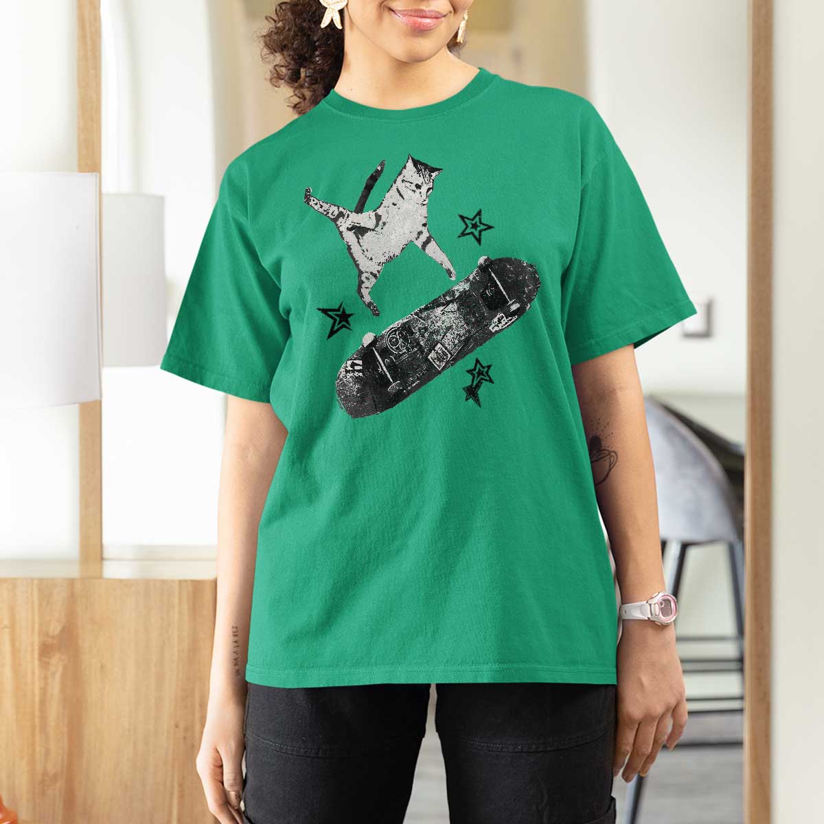 Skateboard Cat Y2K T Shirt For Women Rockstar Gf Aesthetic Cat Retro Grunge Skater - Wonder Print Shop