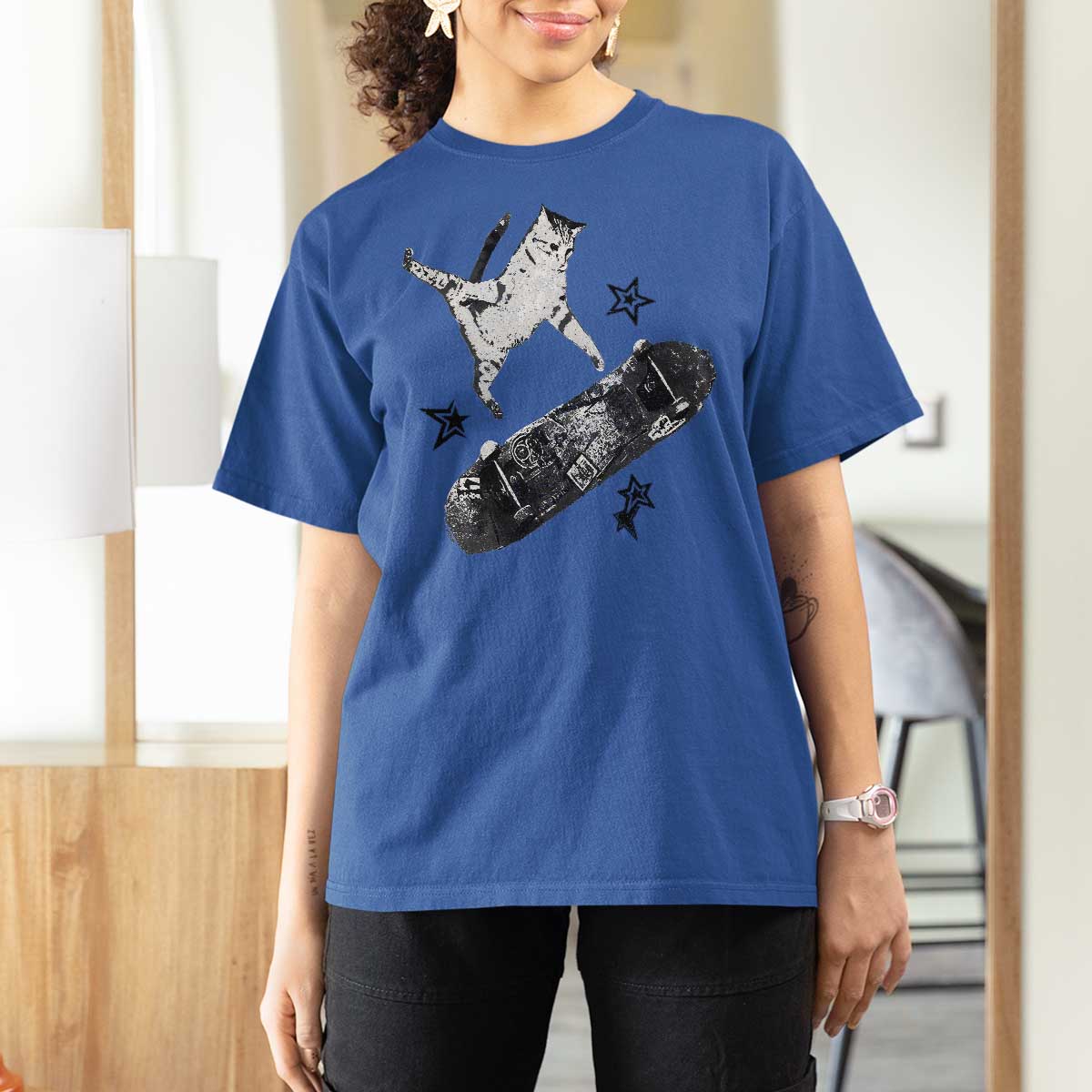 Skateboard Cat Y2K T Shirt For Women Rockstar Gf Aesthetic Cat Retro Grunge Skater - Wonder Print Shop