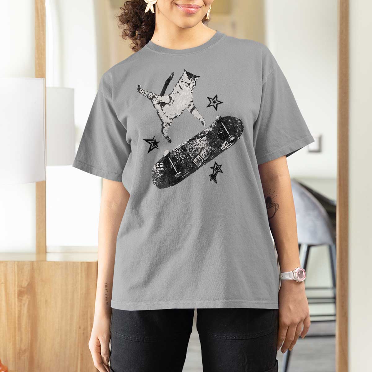 Skateboard Cat Y2K T Shirt For Women Rockstar Gf Aesthetic Cat Retro Grunge Skater - Wonder Print Shop