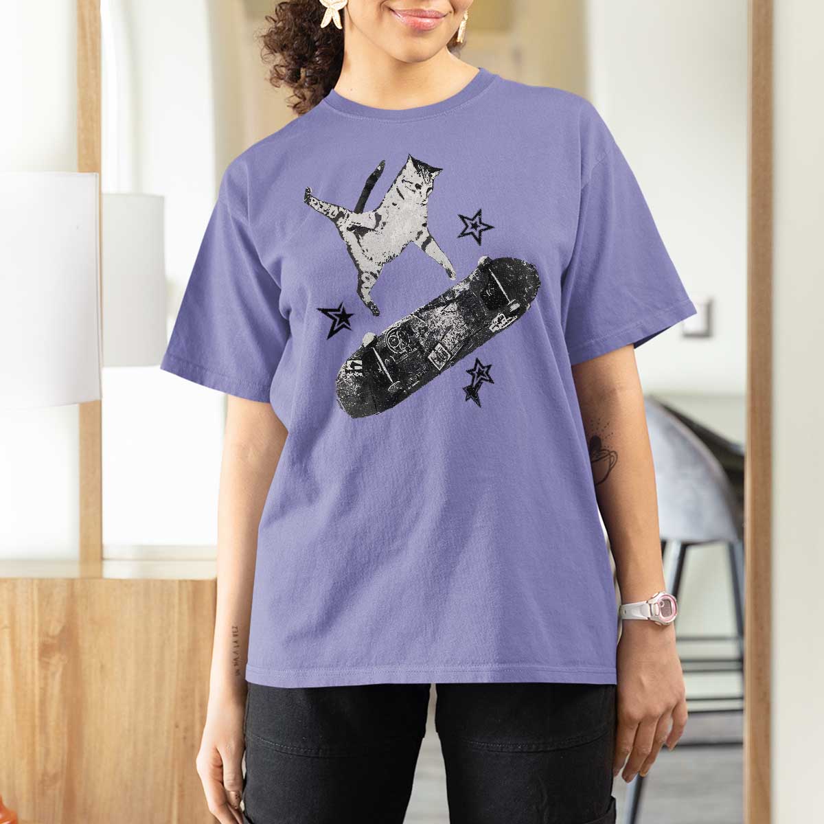 Skateboard Cat Y2K T Shirt For Women Rockstar Gf Aesthetic Cat Retro Grunge Skater - Wonder Print Shop