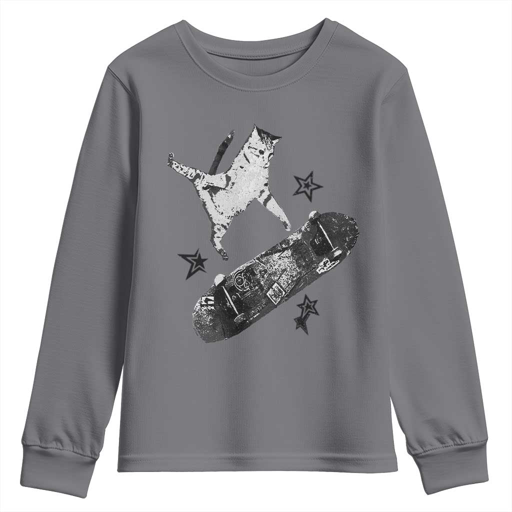 Skateboard Cat Y2K Youth Sweatshirt Rockstar Gf Aesthetic Cat Retro Grunge Skater - Wonder Print Shop
