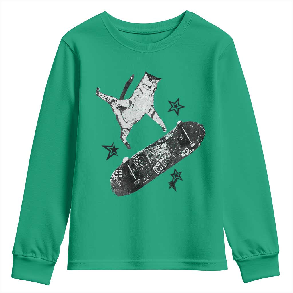 Skateboard Cat Y2K Youth Sweatshirt Rockstar Gf Aesthetic Cat Retro Grunge Skater - Wonder Print Shop