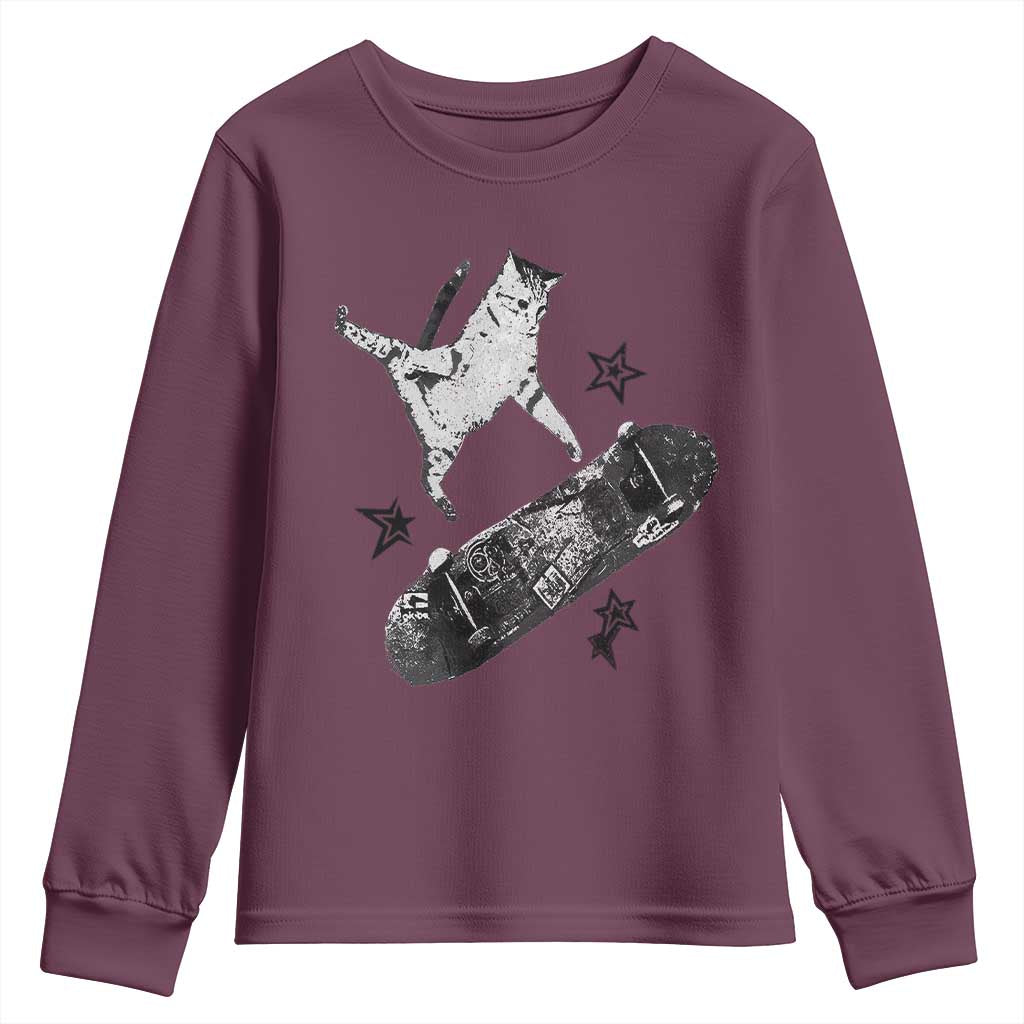 Skateboard Cat Y2K Youth Sweatshirt Rockstar Gf Aesthetic Cat Retro Grunge Skater - Wonder Print Shop