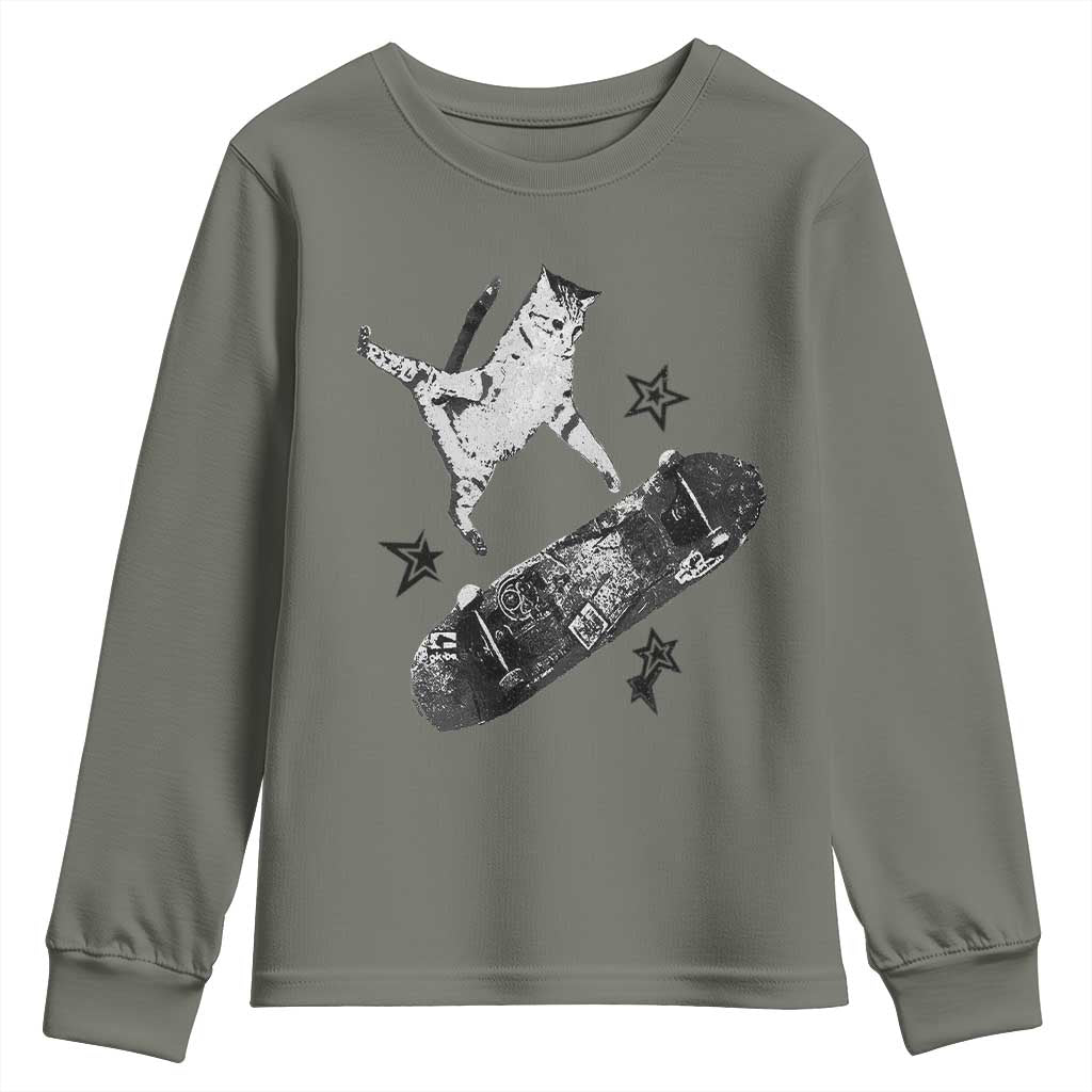 Skateboard Cat Y2K Youth Sweatshirt Rockstar Gf Aesthetic Cat Retro Grunge Skater - Wonder Print Shop