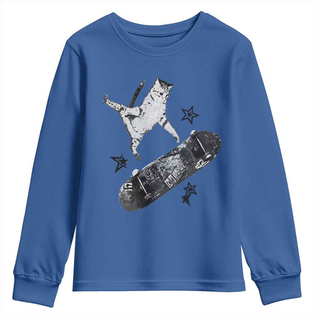 Skateboard Cat Y2K Youth Sweatshirt Rockstar Gf Aesthetic Cat Retro Grunge Skater - Wonder Print Shop