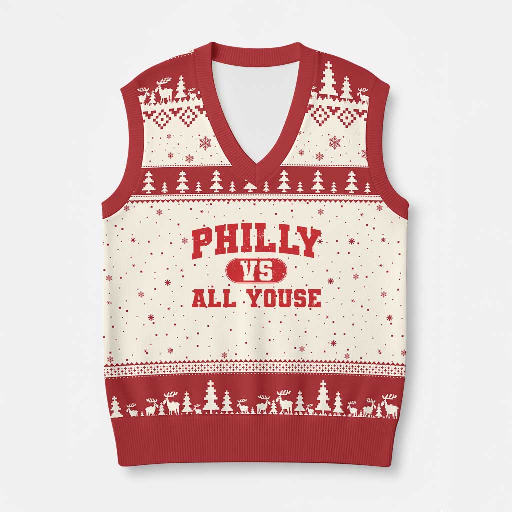 Philly Vs All Youse V-Neck Knit Sweater Vest Vintage Funny Philadelphia Slang Red