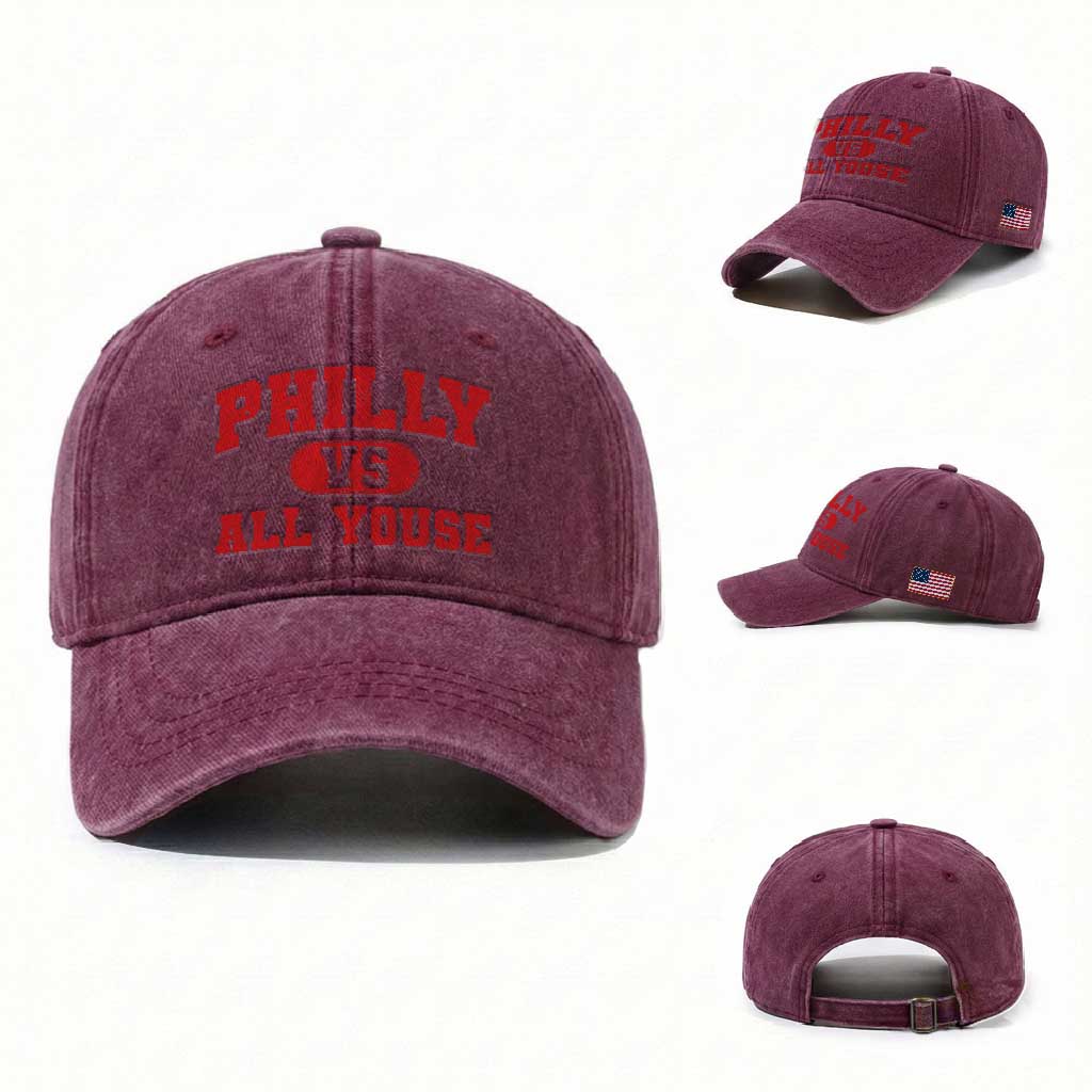 Philly Vs All Youse Washed Cotton Baseball Cap Vintage Funny Philadelphia Slang Red