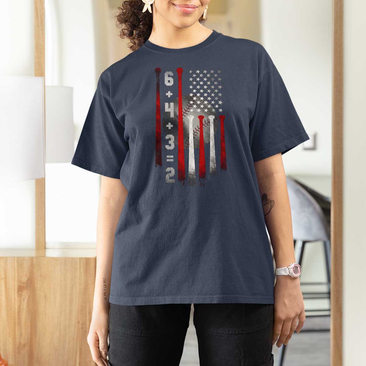 Double Play T Shirt For Women 6 4 3 2 Vintage Baseball Math Softball Player American Flag