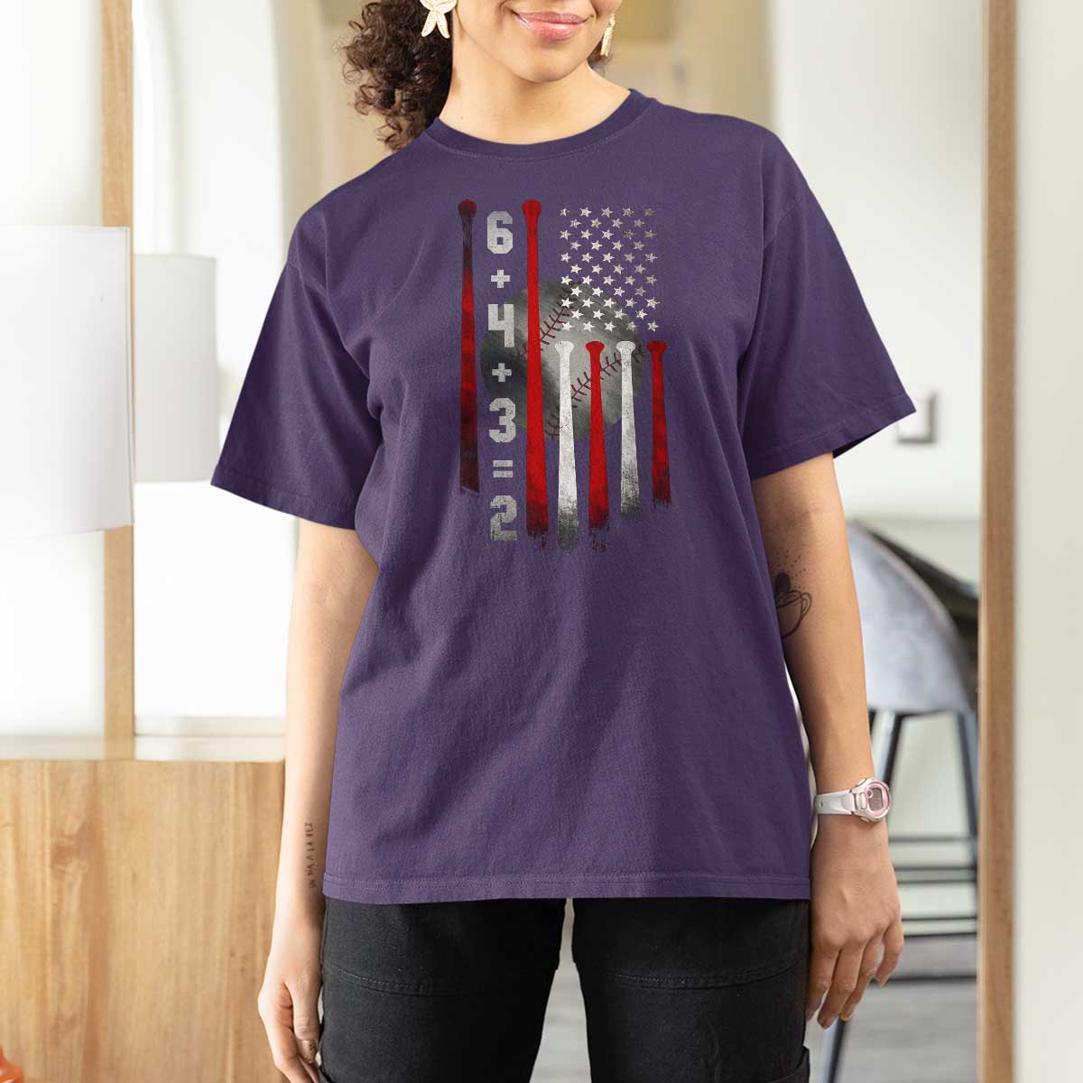 Double Play T Shirt For Women 6 4 3 2 Vintage Baseball Math Softball Player American Flag