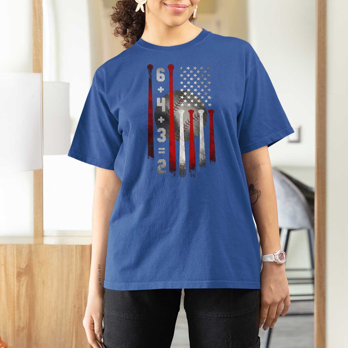Double Play T Shirt For Women 6 4 3 2 Vintage Baseball Math Softball Player American Flag