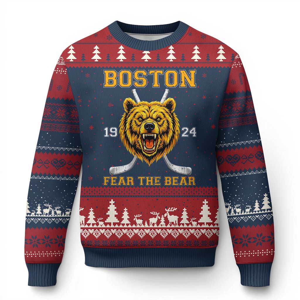 Boston Ice Hockey Ugly Christmas Sweater Retro Vintage Fear The Bear