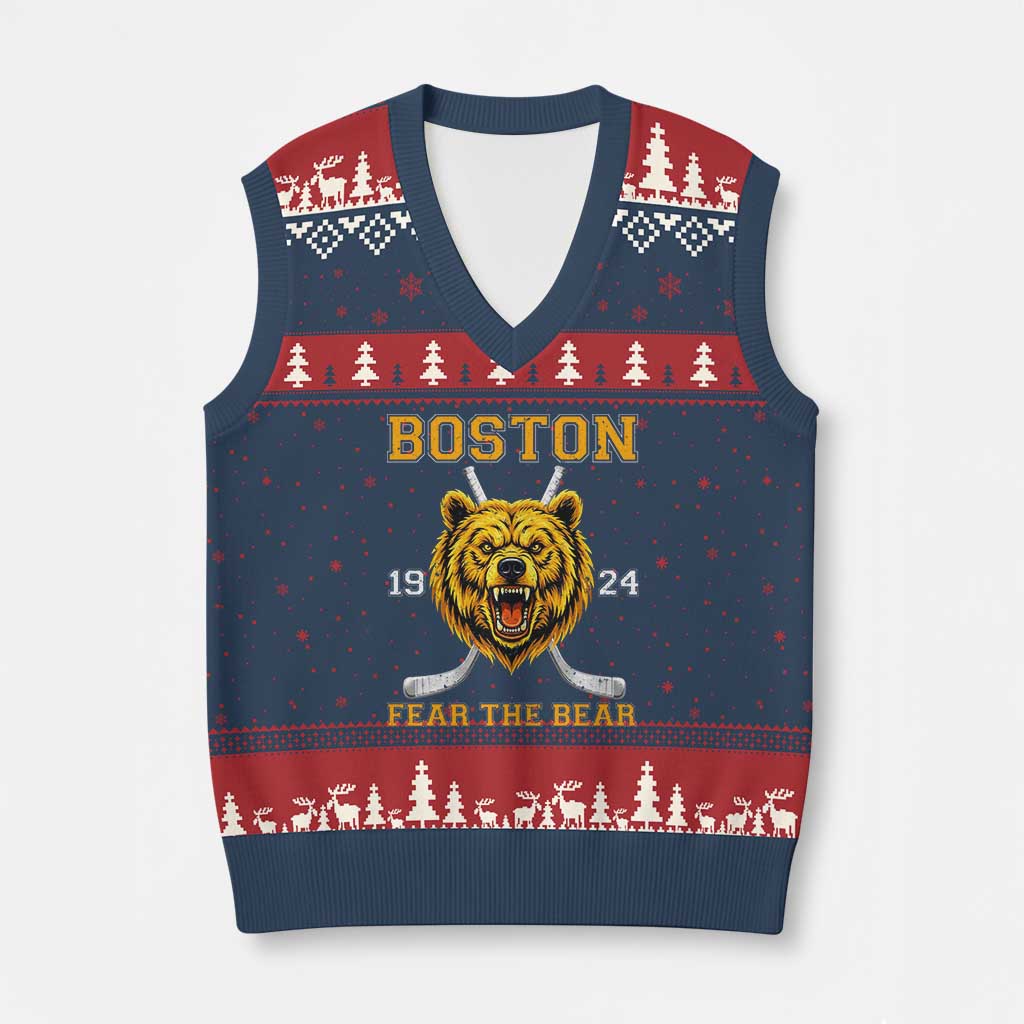 Boston Ice Hockey V-Neck Knit Sweater Vest Retro Vintage Fear The Bear