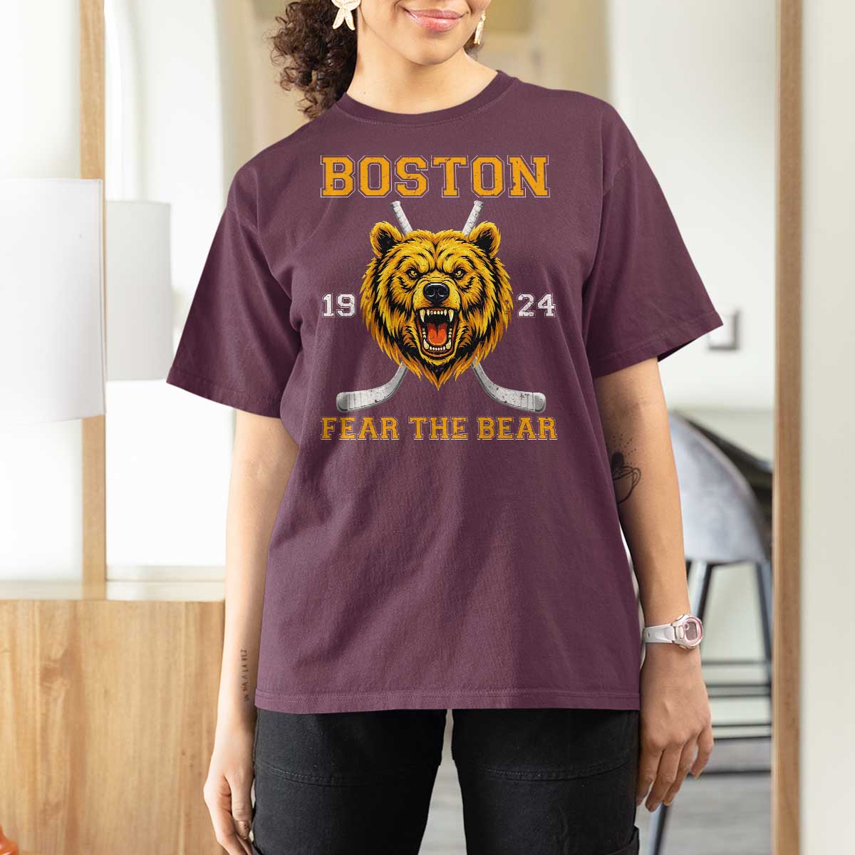Boston Ice Hockey T Shirt For Women Retro Vintage Fear The Bear