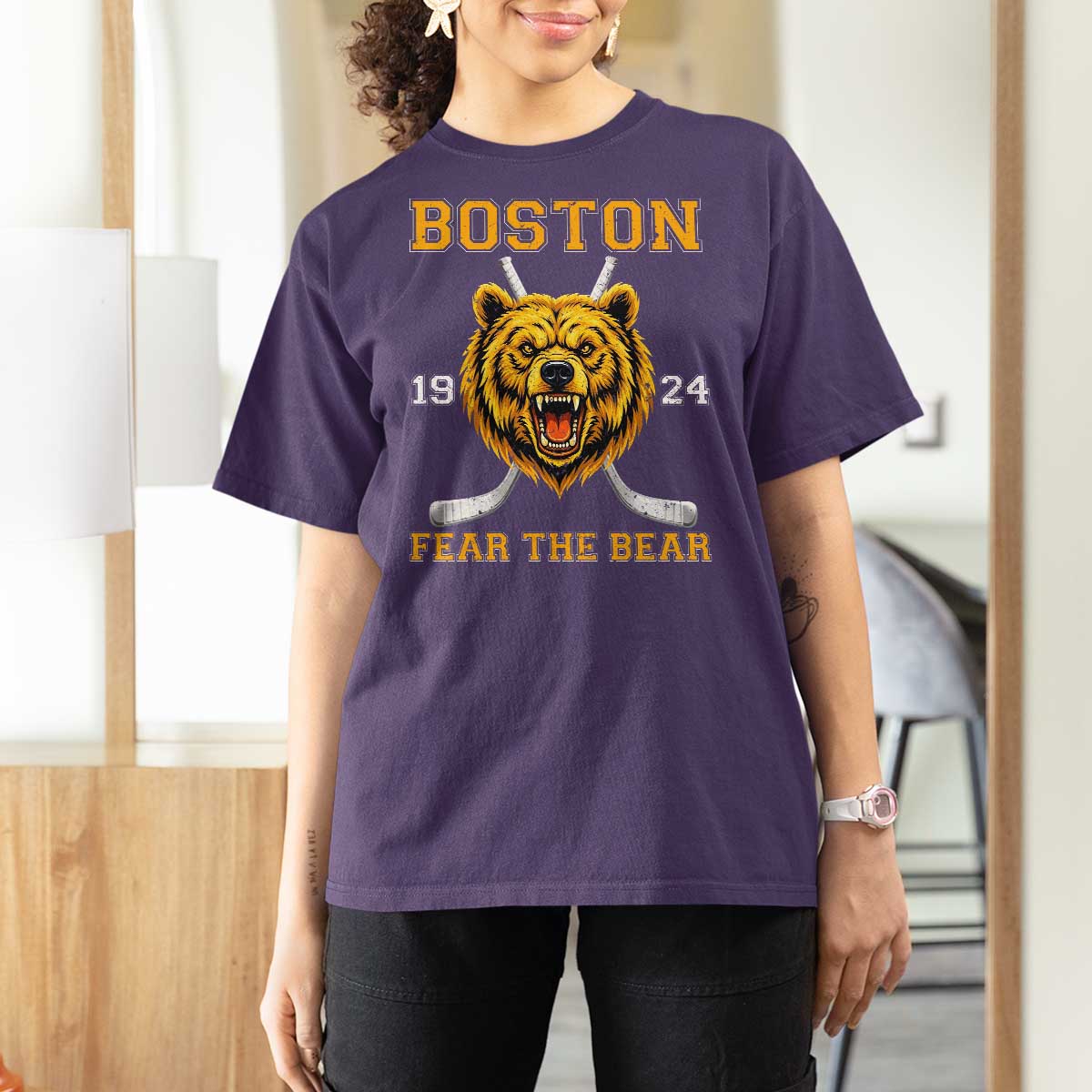 Boston Ice Hockey T Shirt For Women Retro Vintage Fear The Bear