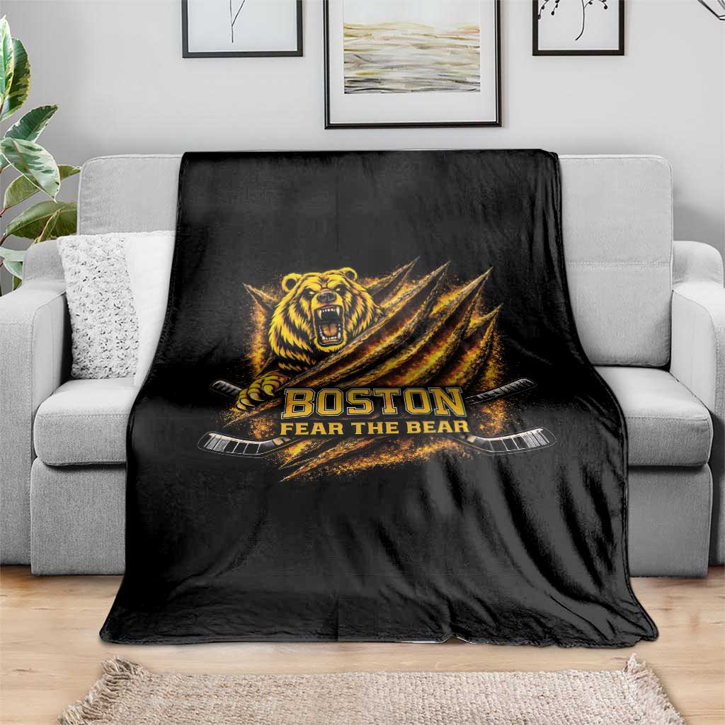 Boston Ice Hockey Throw Blanket Retro Fear The Bear Funny Sarcastic Saying