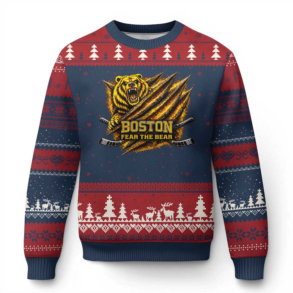 Boston Ice Hockey Ugly Christmas Sweater Retro Fear The Bear Funny Sarcastic Saying