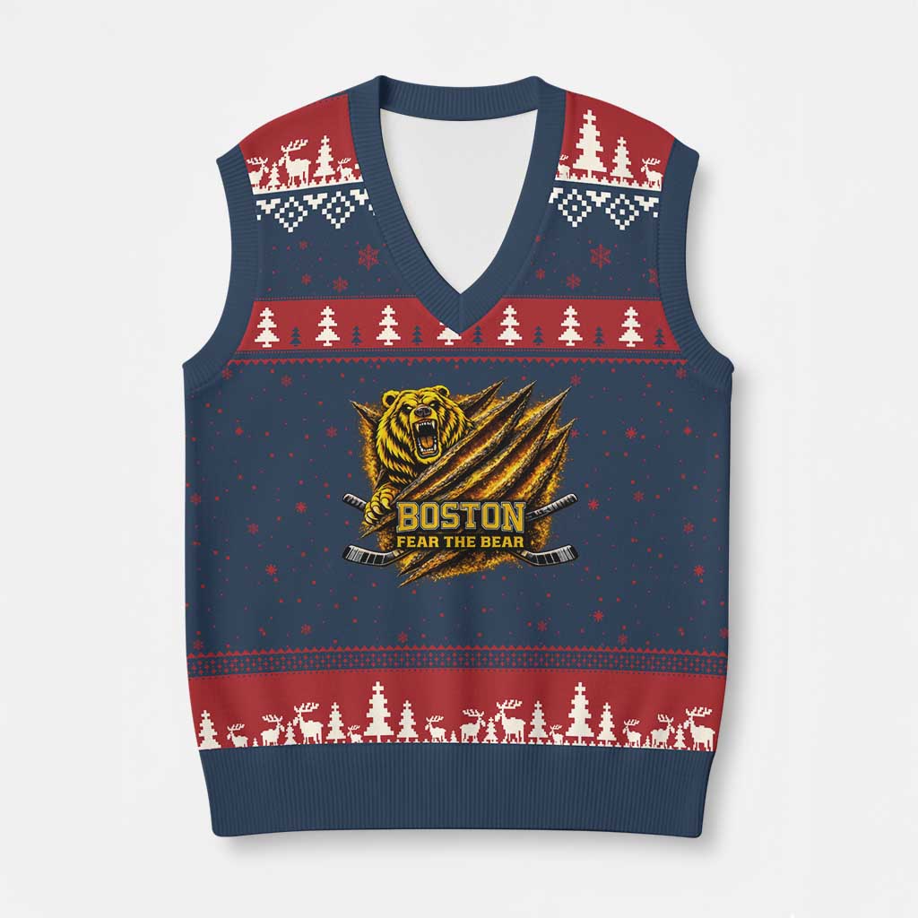 Boston Ice Hockey V-Neck Knit Sweater Vest Retro Fear The Bear Funny Sarcastic Saying