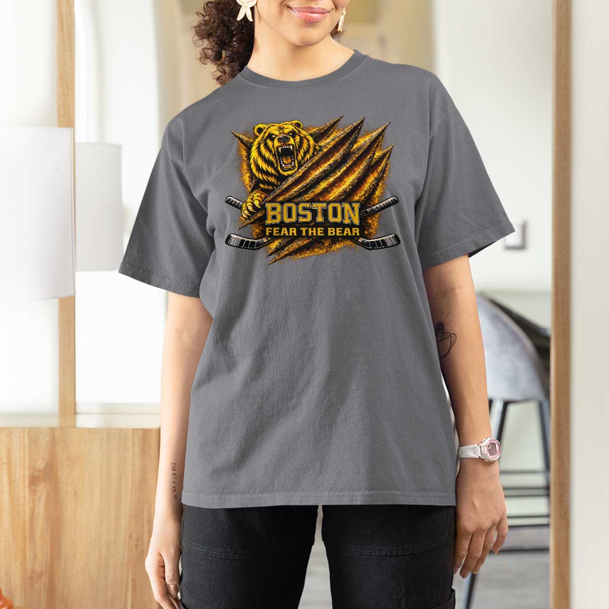 Boston Ice Hockey T Shirt For Women Retro Fear The Bear Funny Sarcastic Saying