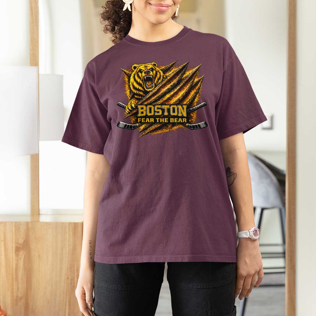 Boston Ice Hockey T Shirt For Women Retro Fear The Bear Funny Sarcastic Saying
