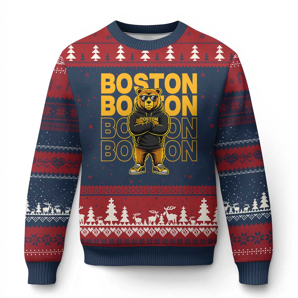 Retro Boston Ice Hockey Ugly Christmas Sweater Fear The Bear