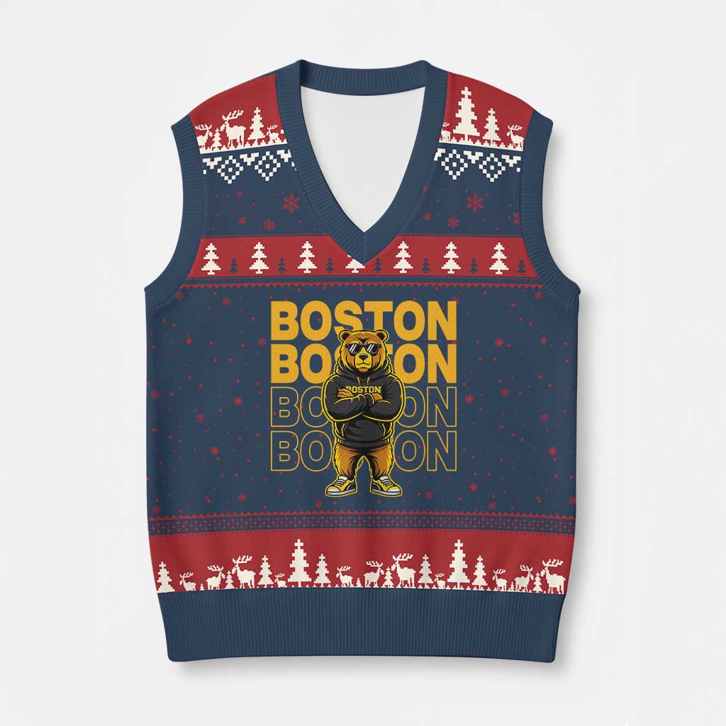 Retro Boston Ice Hockey V-Neck Knit Sweater Vest Fear The Bear