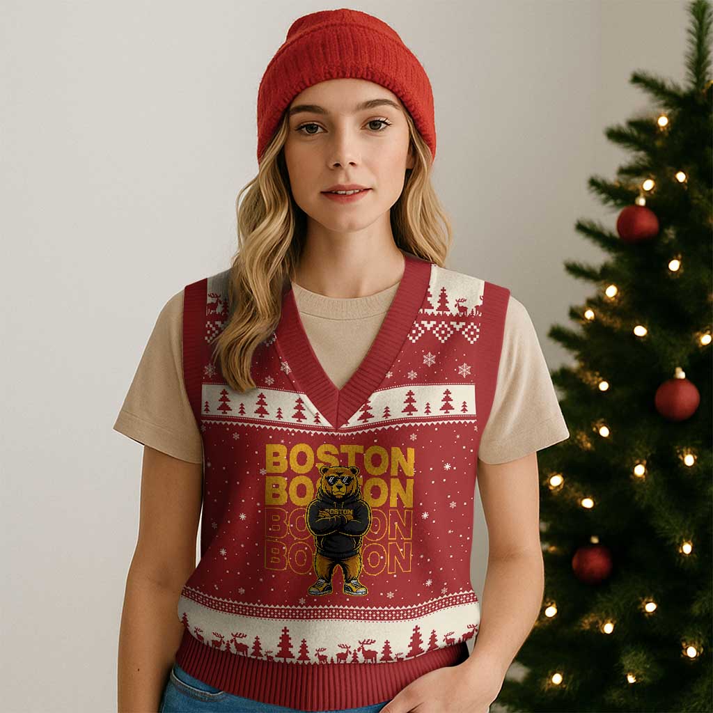 Retro Boston Ice Hockey V-Neck Knit Sweater Vest Fear The Bear