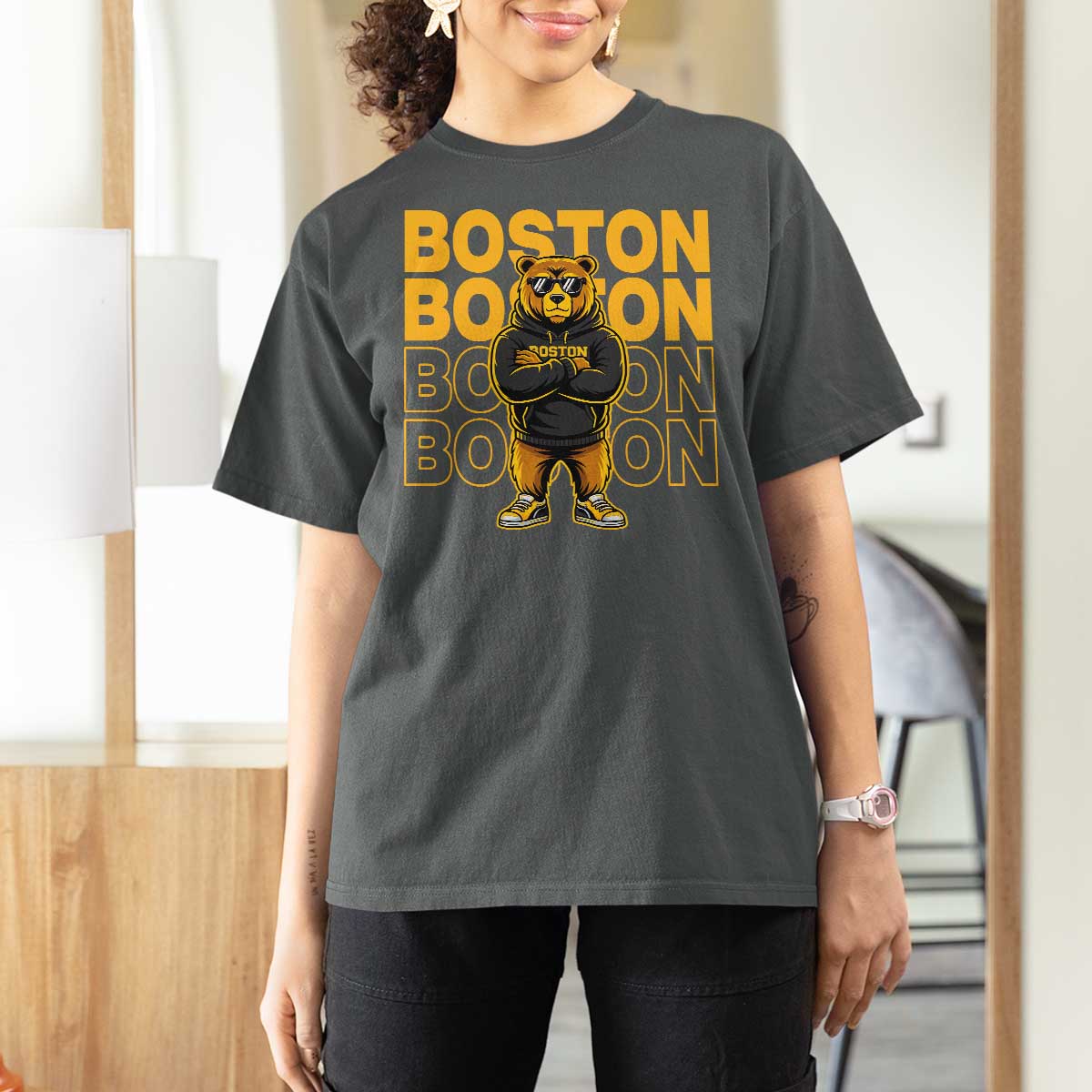 Retro Boston Ice Hockey T Shirt For Women Fear The Bear