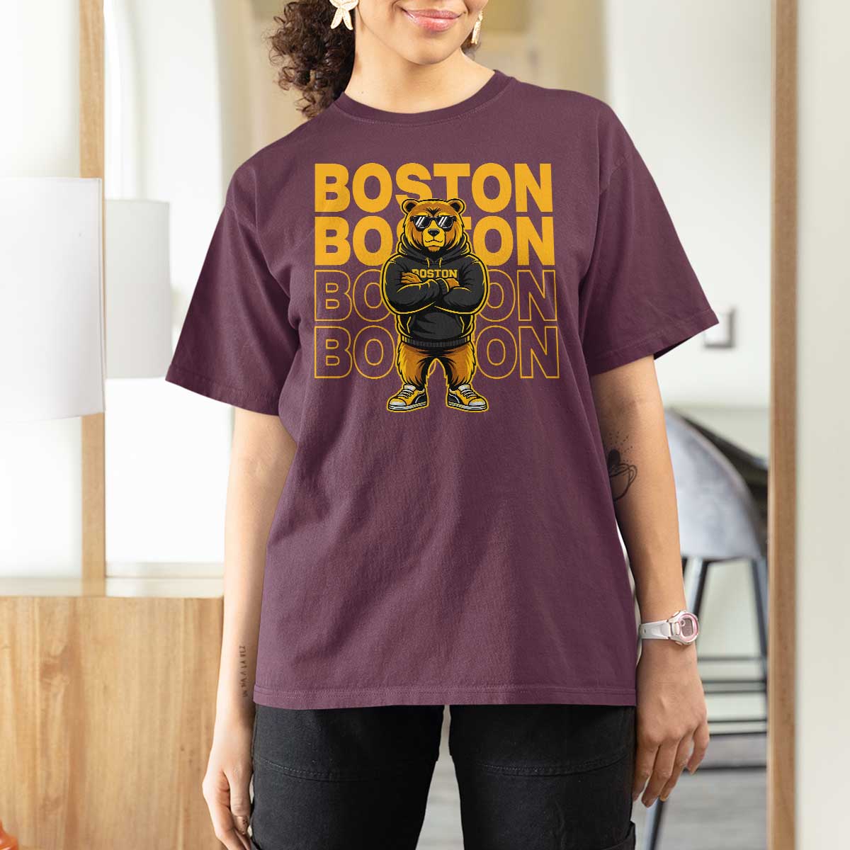 Retro Boston Ice Hockey T Shirt For Women Fear The Bear