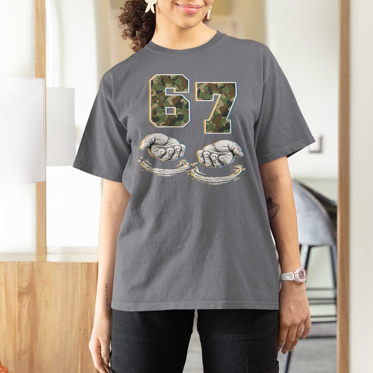Funny Six Seven 6 7 Meme T Shirt For Women Gen Alpha Slang 6 7 Hands Camo Boy Girl